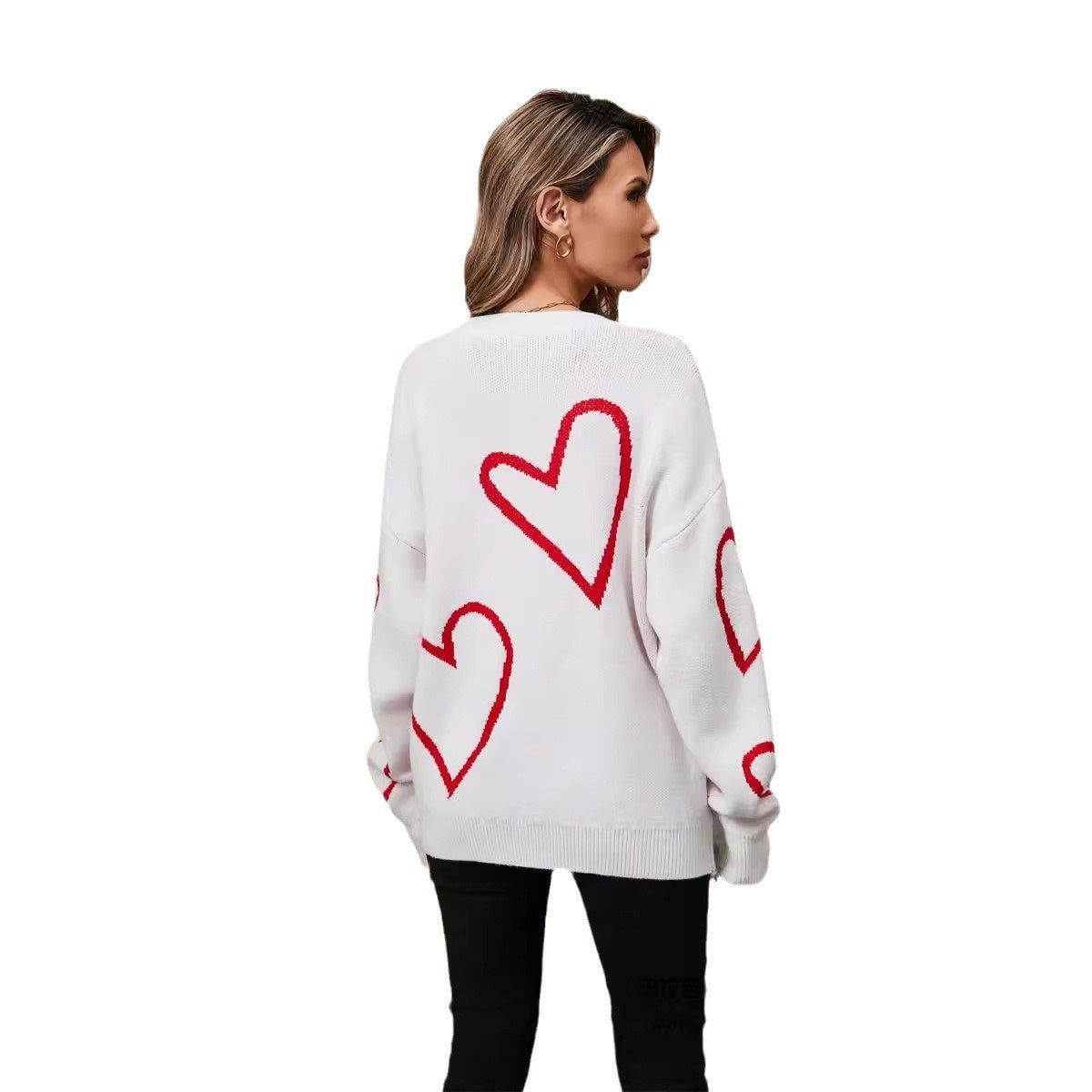 Weibliche Mit Herzen Valentinstag Pullover Große Pfirsich Herz Kontrast Farbe Pullover