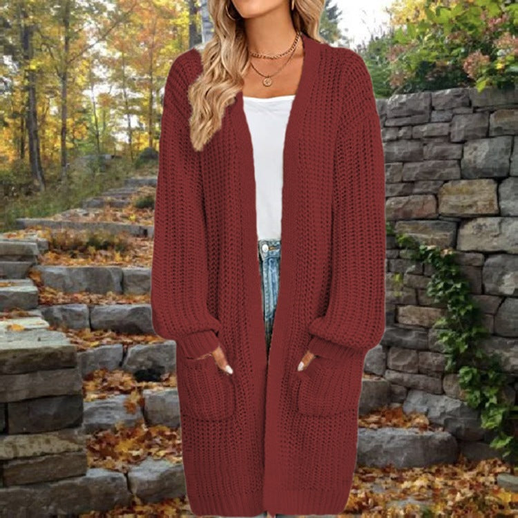 European And American Loose Lantern Sleeve Sweater Women's Cardigan Mid-length Autumn And Winter Pocket Coat