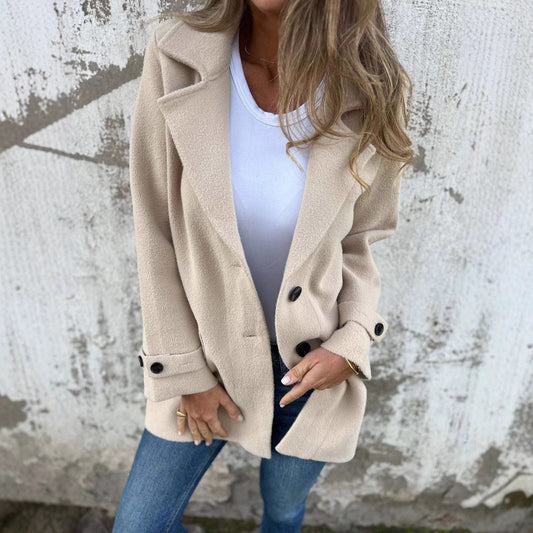 Manteau en laine pour femme, décontracté, ample, revers, fausse poche, cardigan, pardessus en laine