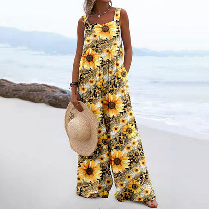 Women's Wide-leg Printed Straight Jumpsuit