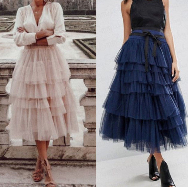 Summer Long Wave Ruffle Layered Ruched High Waist Skirt