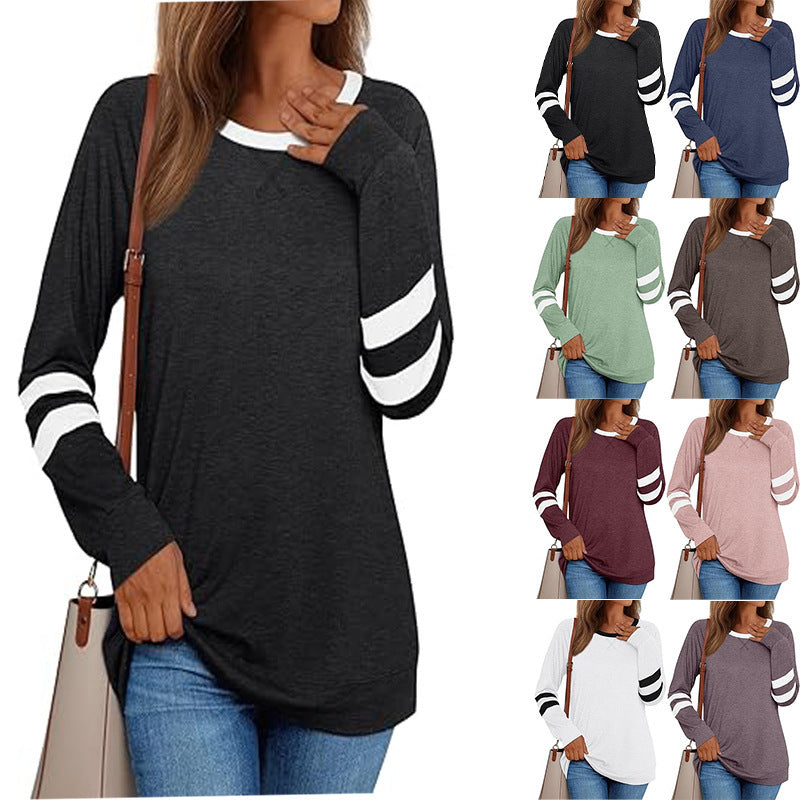 Women's Long-sleeved Shirt Hot Girl Casual Round Neck Multicolor Top