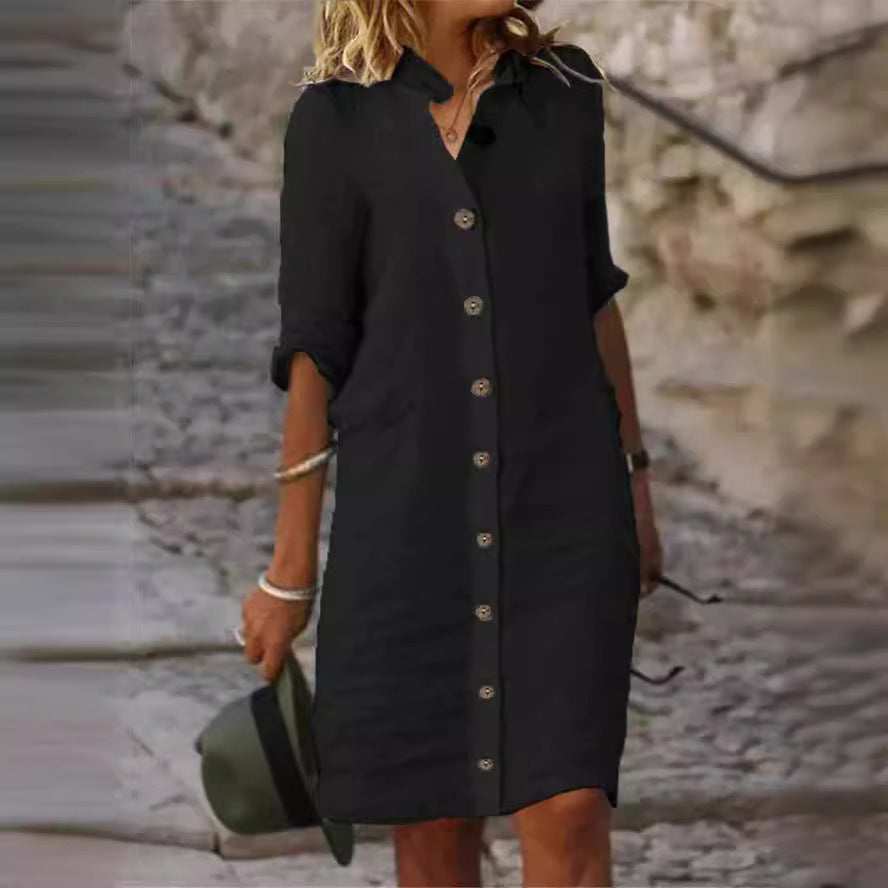 Shirt Collar Half Sleeve Large Round Buckle Cotton And Linen Dress