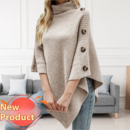 Autumn And Winter New Solid Color Turtleneck Shawl Cape Slit Knit Sweater