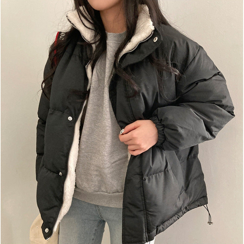 Manteau en coton matelassé chaud à manches longues pour femme, veste polyvalente à col montant et à double face