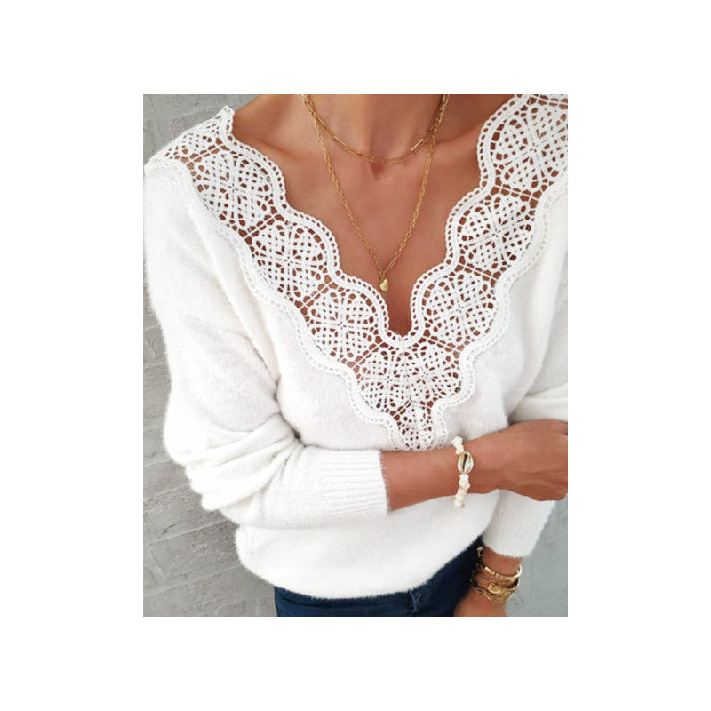 Lace V-neck Sweater White Warm Top