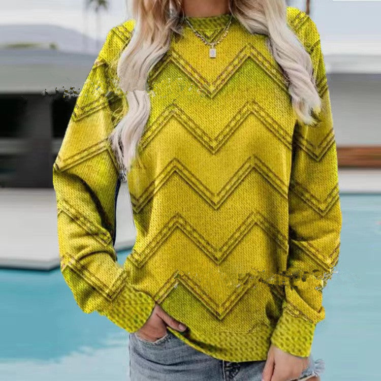 Color Block Denim Printing Casual Long-sleeved Geometric Sweater For Women