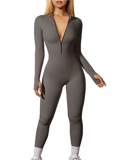 Workout Ribbed Long Sleeve Zipper Casual Jumpsuit