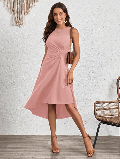 Robe mi-longue froissée sans manches à la mode pour femmes, couleur unie, coupe trapèze, été