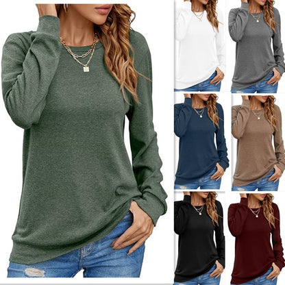 European And American Style Women Long Sleeve Shirt Solid Color Round Neck Coat