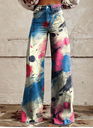 Fashion Women's Printed High Waist Loose Thin Imitation Denim Wide Leg Pants