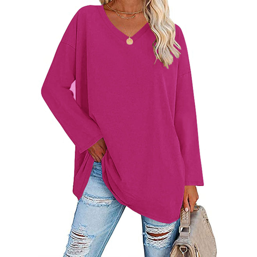 Solid Color Loose Drop Shoulder Sleeve V Neck Long Sleeve Blouse