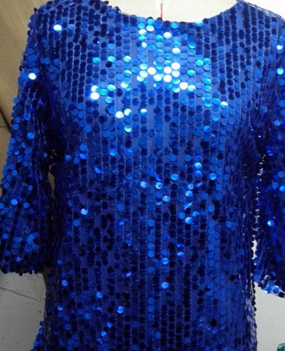 Sequined Sequined Mid-sleeve One-neck Loose Casual T-shirt