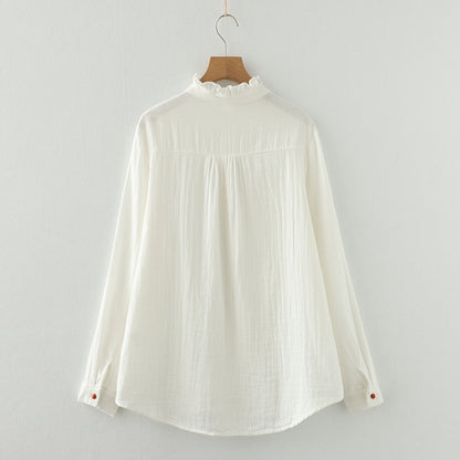 Chemise blanche à manches longues en fil de coton double couche avec dentelle et boucle colorée