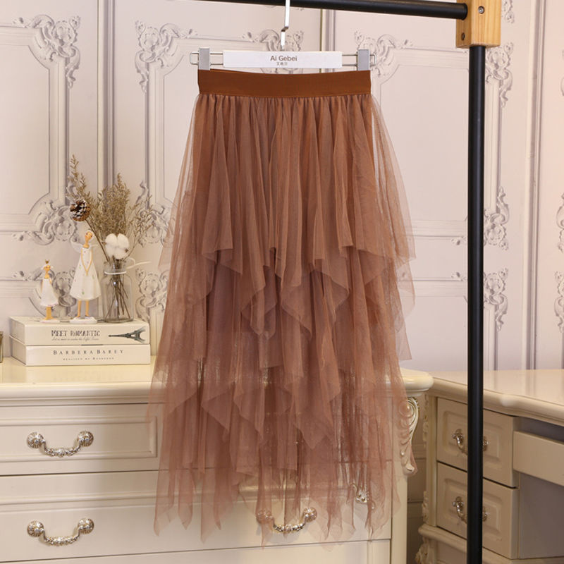 Irregular Mesh Hem Splicing Fluffy Skirt High-Waisted Gauze Skirt