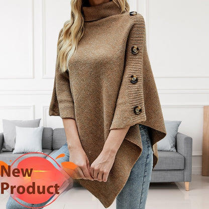 Autumn And Winter New Solid Color Turtleneck Shawl Cape Slit Knit Sweater