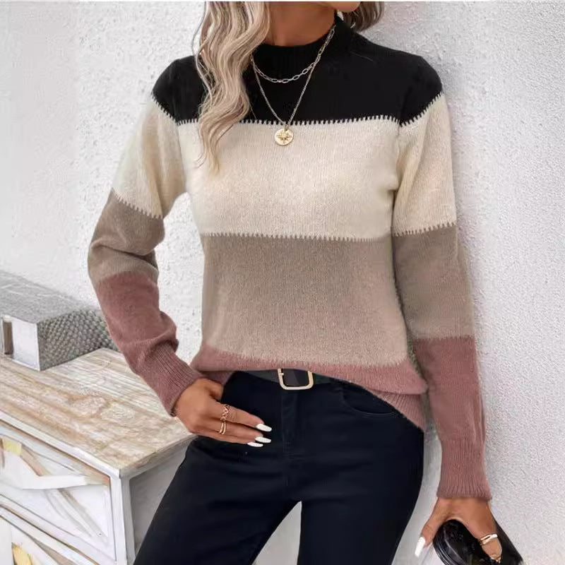 Contrast Color Pullover Round Neck Long Sleeves Knitwear Casual Sweater