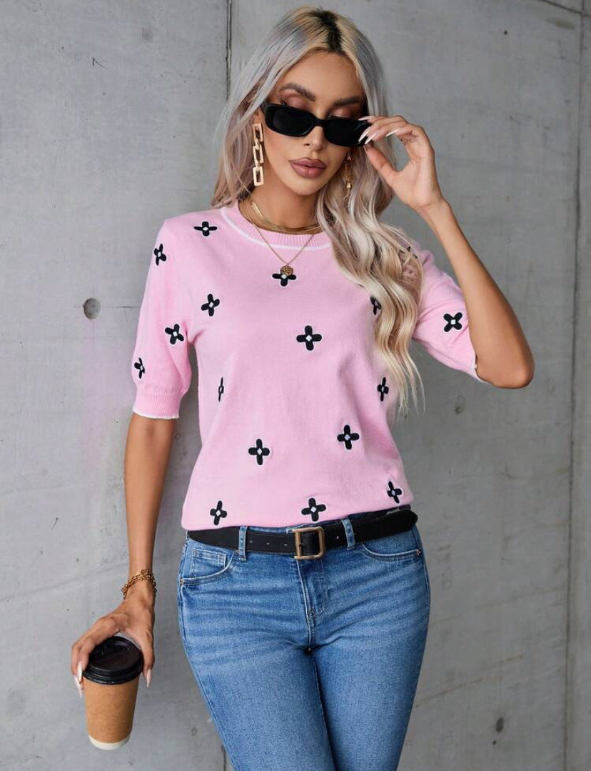 Flower Sweater With Short Sleeves Contrast Color Round Neck