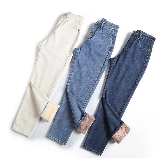 Fleece-Jeans für Damen, lockere Hose mit geradem Bein