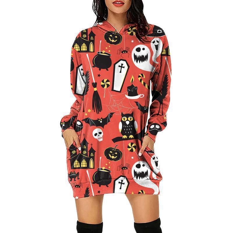 Lockeres, langärmliges Halloween-Sweatshirtkleid für Damen