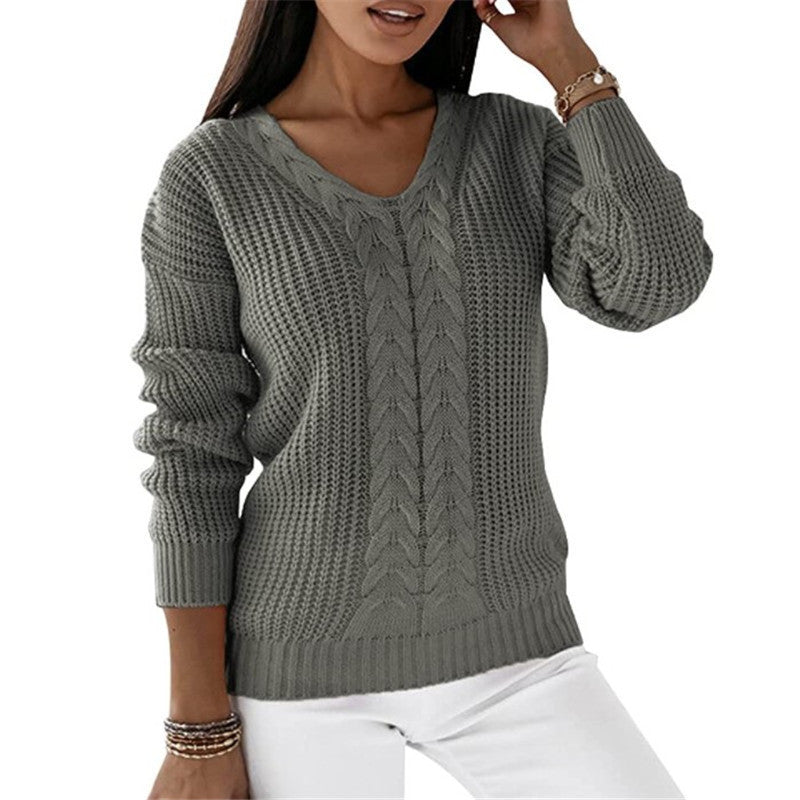 Long-sleeved V-neck Solid Color Twist Casual Knitted Pullover Top