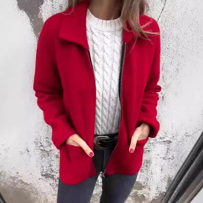 Veste à revers avec fermeture éclair et poches, manteau tendance de couleur unie pour l'automne et l'hiver, vêtements pour femmes