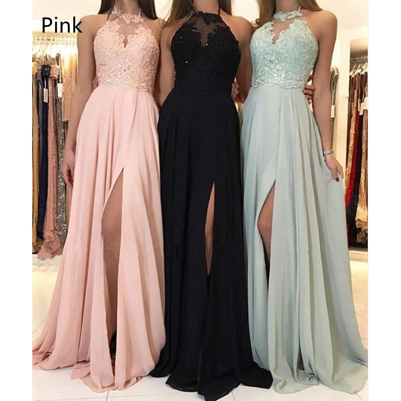 Halter Lace Chiffon Dress Prom Evening Dress Split Long Skirt