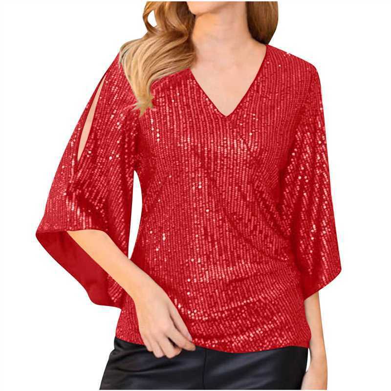 Loose Mid-length Sequined T-shirt Women's Short Sleeve