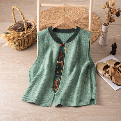 Retro Artistic Variegated Woolen Knitted Sleeveless Jacket