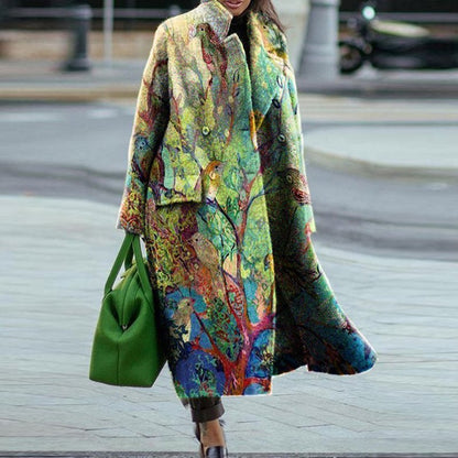 Women's Long Flared Sleeve Printed Loose Trench Coat