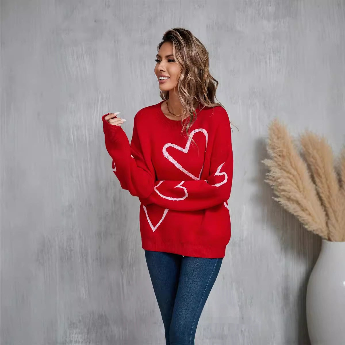 Female With Hearts Valentine's Day Pullover Big Peach Heart Contrast Color Sweater