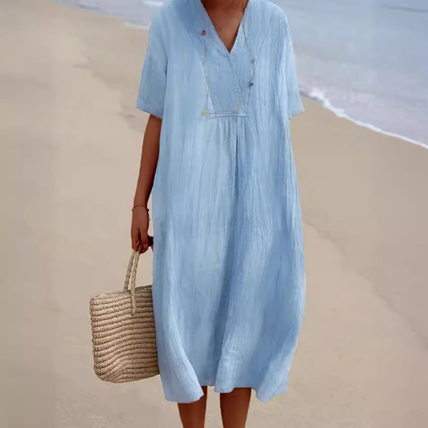 Women's Cotton And Linen Solid Color And V-neck Fashion Style Dress