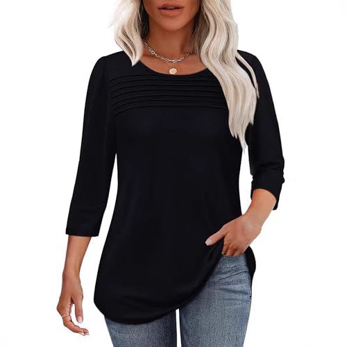 European And American Ladies Autumn And Winter Round Neck Three-quarter Sleeve Chest Tuck Line Peplum Top