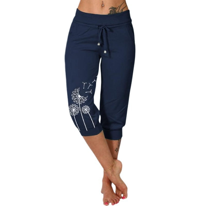 Casual Fashion Printing Loose High Waist Lace-up Cropped Pants