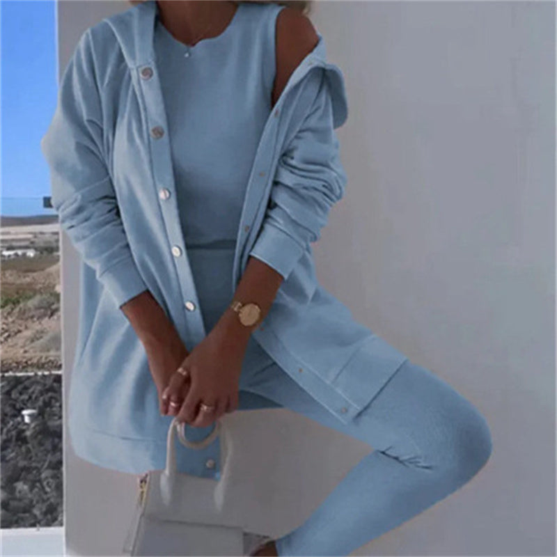 Women's Fashion Sports And Leisure Hooded Sweater Vest Pants Three-piece Set