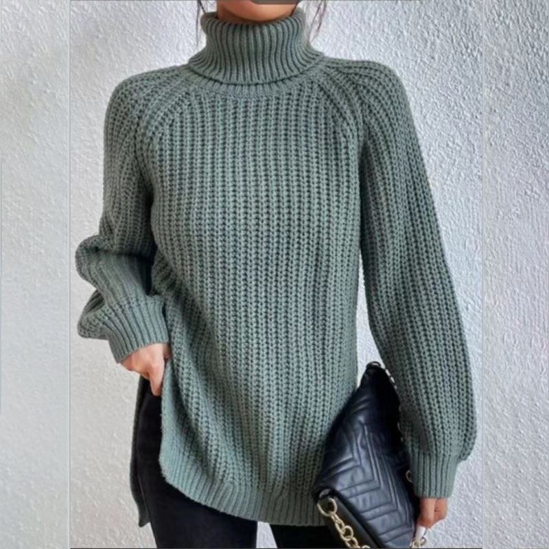 Pull à col roulé avec design fendu, mode simple, couleur unie, manches longues, vêtements pour femmes