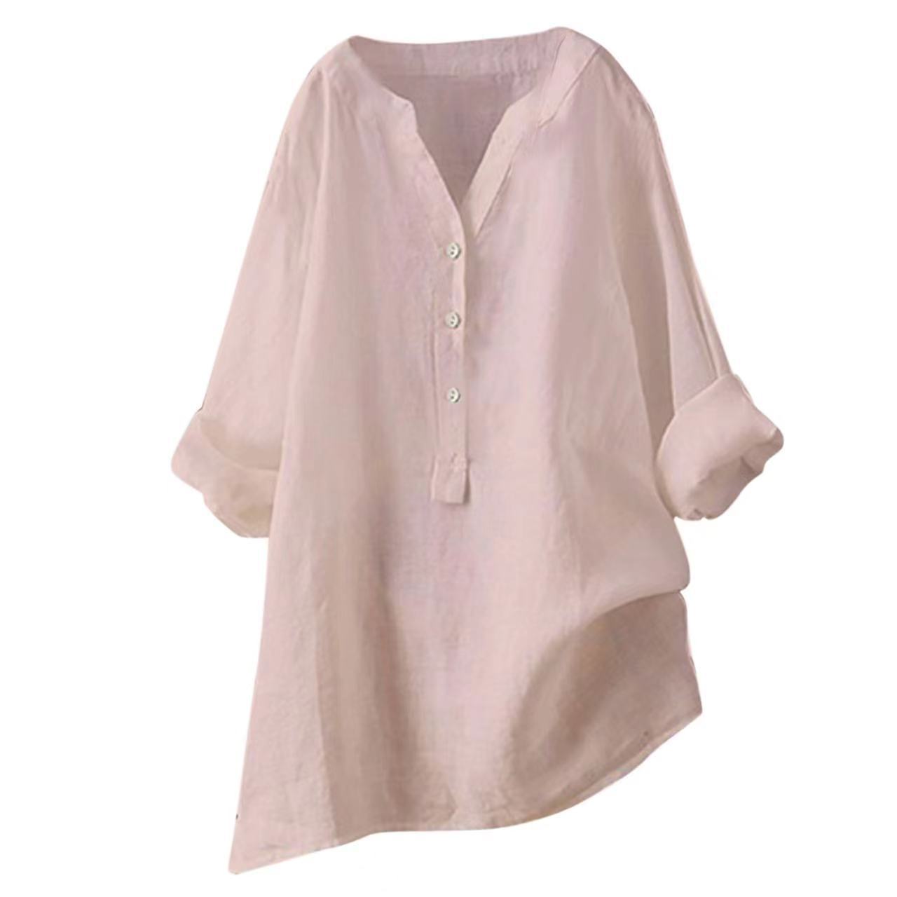 Loose Solid Color Stand Collar Button Long Sleeve Cotton And Linen Top