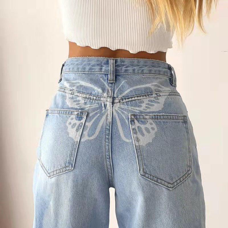 Printed Casual Street Hot Girl Fashion High Waist Jeans