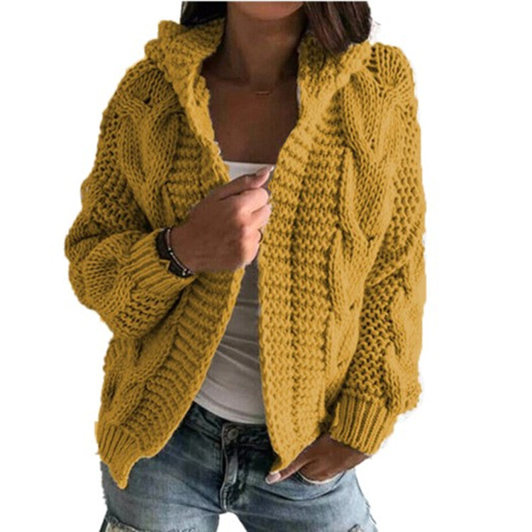 Cardigan à bonnet torsadé en tricot épais pour femme