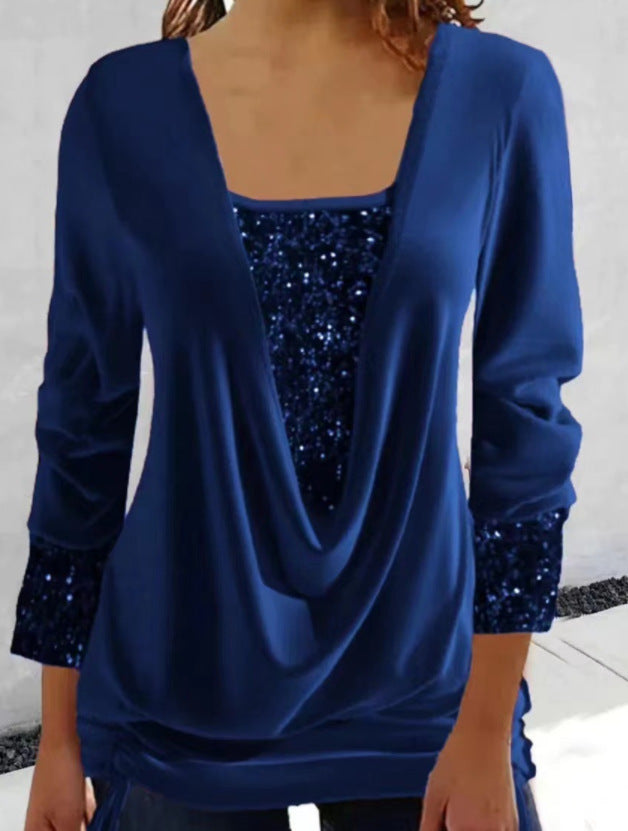 Pure Color Sequins Stitching U-neck Long-sleeved Elegant Casual T-shirt Top