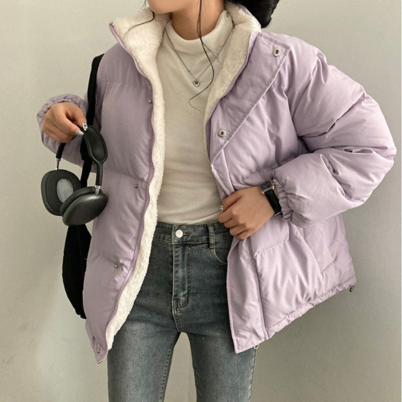 Manteau en coton matelassé chaud à manches longues pour femme, veste polyvalente à col montant et à double face