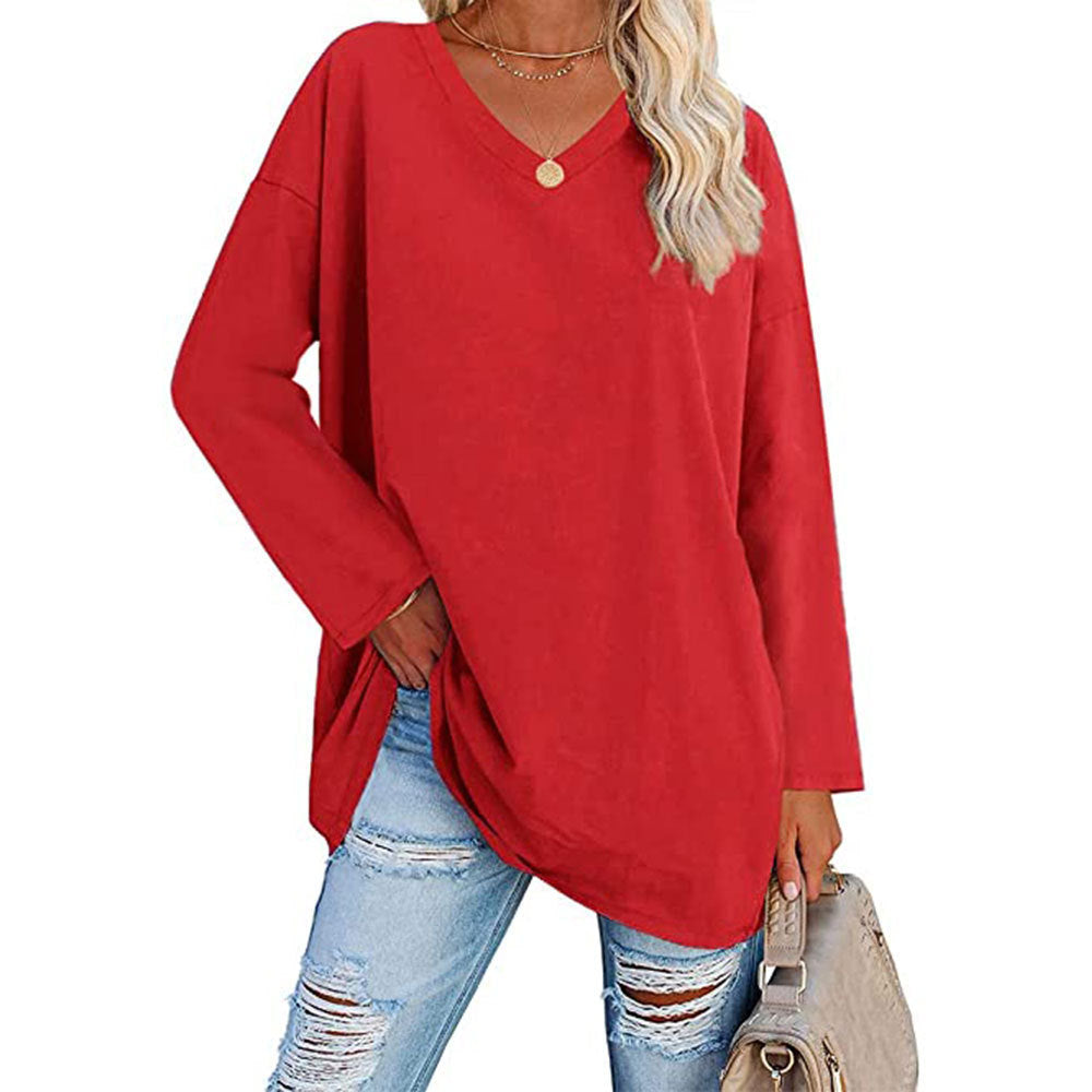 Solid Color Loose Drop Shoulder Sleeve V Neck Long Sleeve Blouse