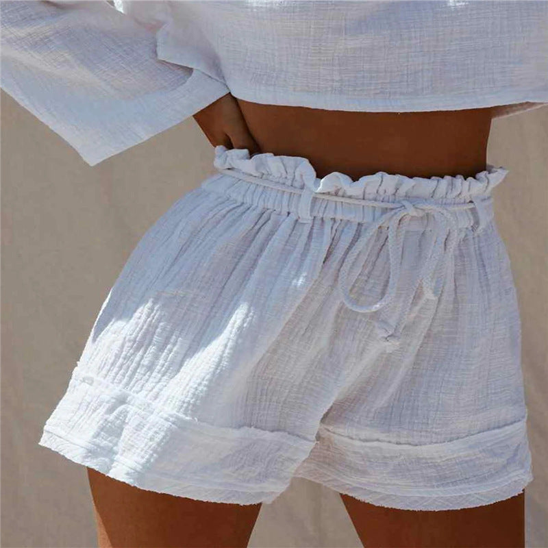 Einfarbige, lockere, plissierte Shorts aus Baumwolle und Leinen mit elastischem Gürtel und hoher Taille im Boho-Stil