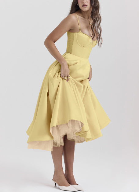 Robe longue bouffante sans manches à col en V pour femme