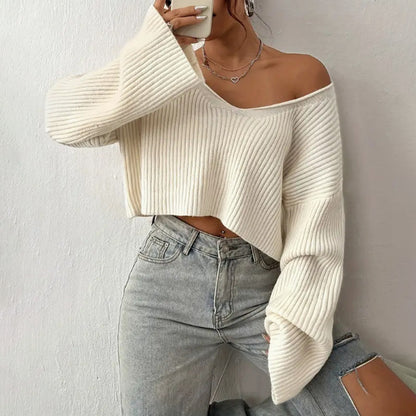 Women's Sweater Short Midriff-baring Loose Drop-shoulder Short Rib Sweater