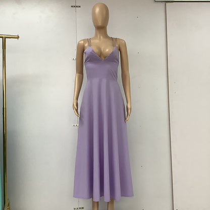 Sexy V-Ausschnitt Hosenträgerkleid Sommermode A-Linie Lange Kleider für Damen