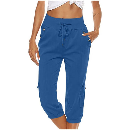 Pantalon court en coton et lin pour femme avec poches cargo, pantalon décontracté