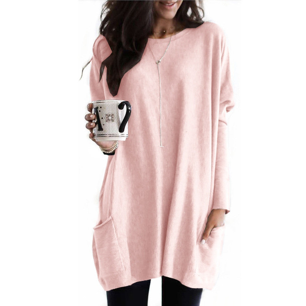 New Autumn Long Sleeve Casual Pocket T-shirt Top For Women