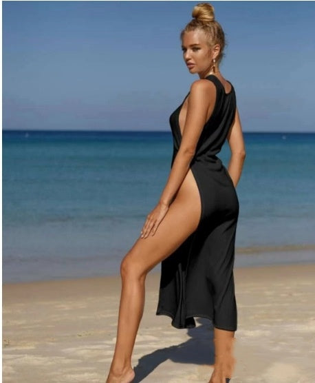 Lady Sexy Small Sunken Stripe One-piece Solid Color Beach Dress Bikini Swimsuit