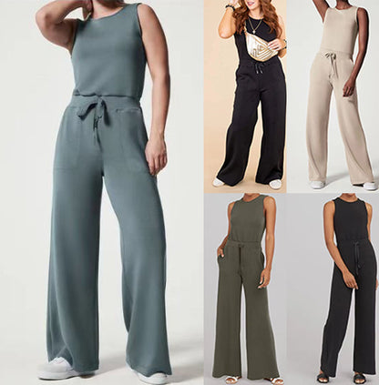 Solid Color Jumpsuit Sleeveless Tops Tie Elastic Pants Romper